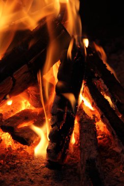 Barbekü ızgarasında yangın. Şöminede yanan bir ateş. Şöminede yangın var.