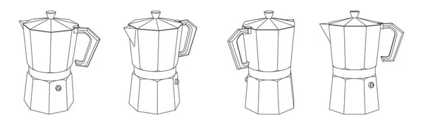 Illustrazione Del Contorno Vettoriale Della Caffettiera Moka Diverse Prospettive — Vettoriale Stock