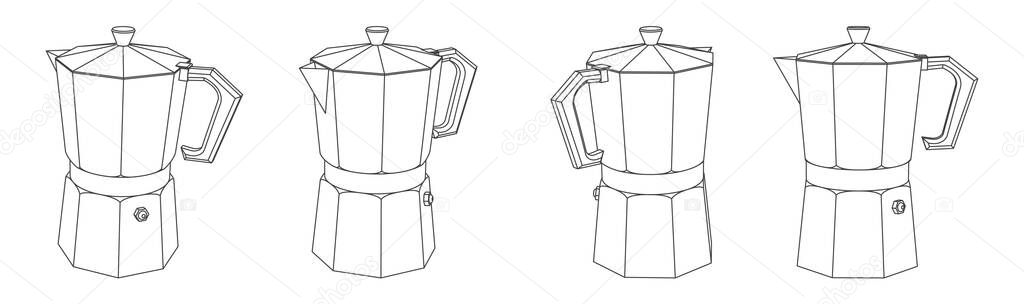 Vector outline illustration of moka pot coffee maker different perspective views