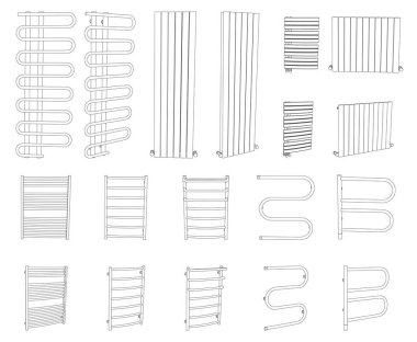 Taslak havlu rayları vektör seti, kurutma asacağı radyatörleri beyaz üzerine izole edilmiş.