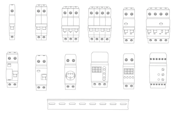 Zestaw Wektorowy Elementów Tablicy Rozdzielczej Skrzynki Bezpiecznikowej Wyłącznik Bezpieczeństwa Przekaźnik — Wektor stockowy