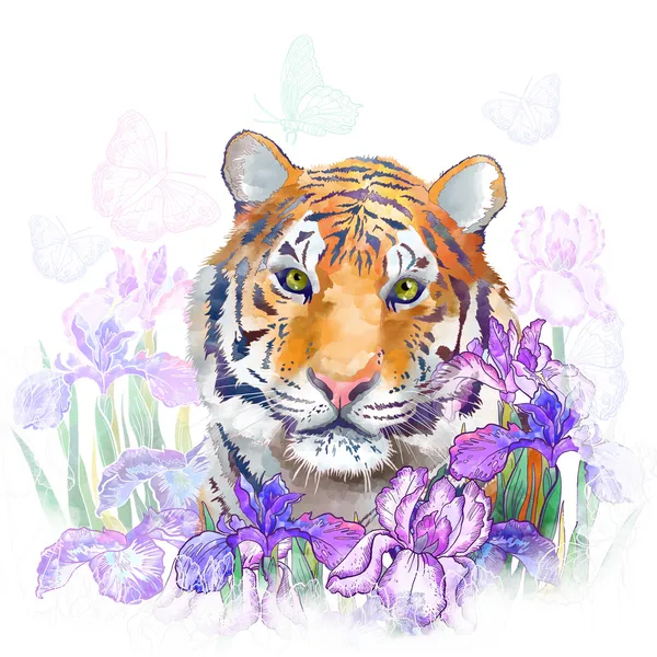 Tigre e flores íris — Fotografia de Stock