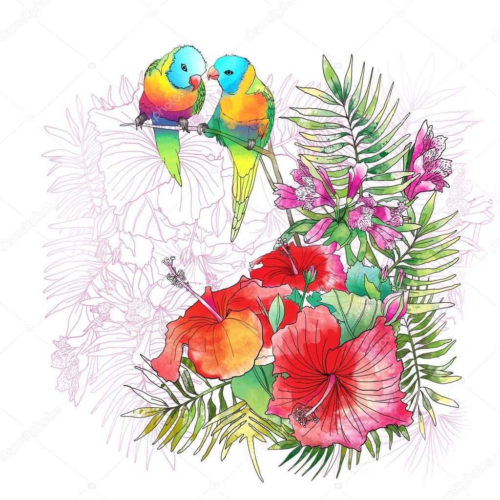 Parrots and flowers