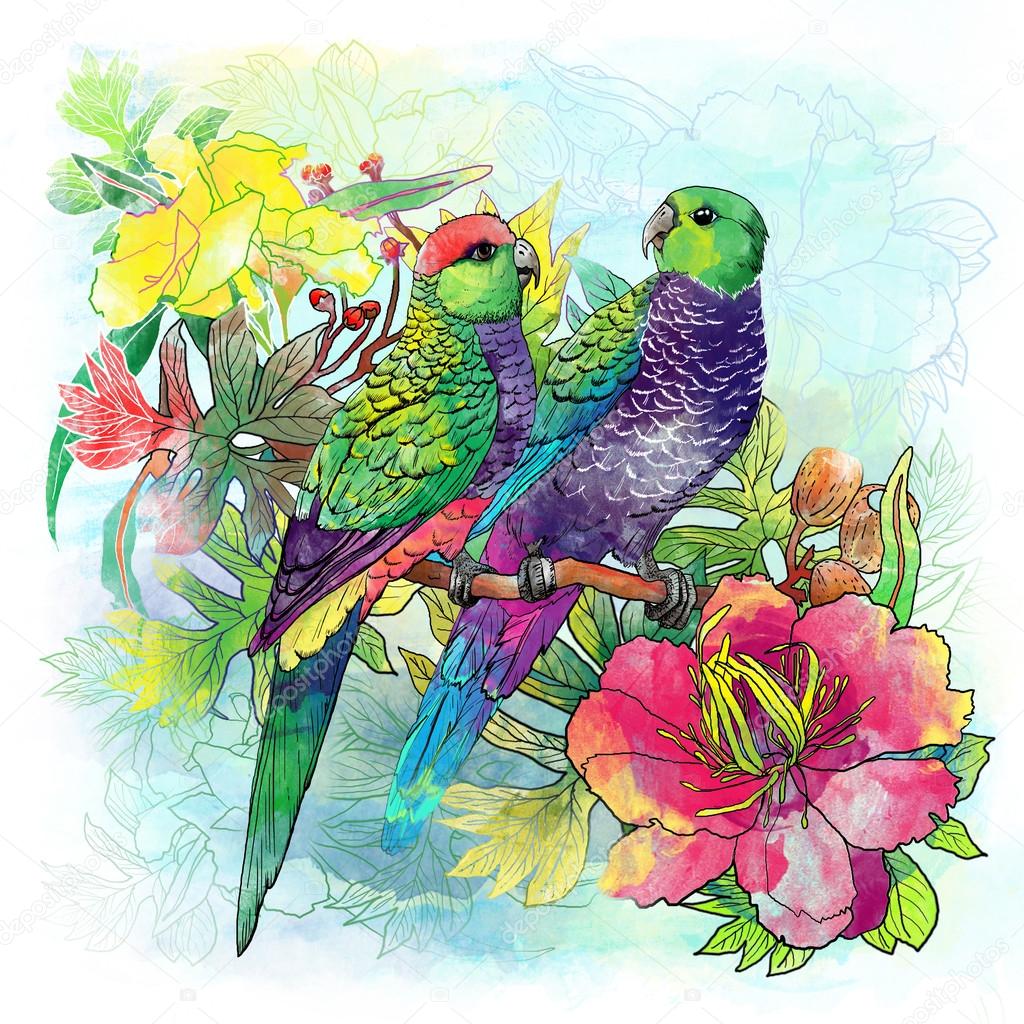 Parrots and flowers
