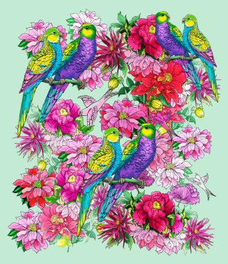 papağan ve güzel çiçekler