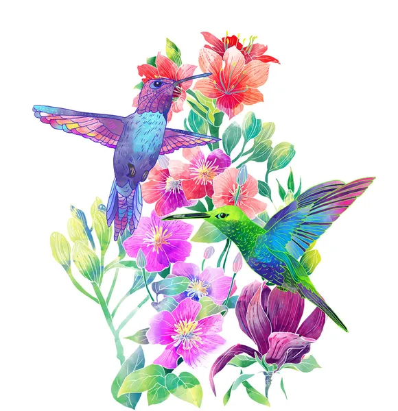 Egzotik çiçekler ve kuşlar — Stok fotoğraf