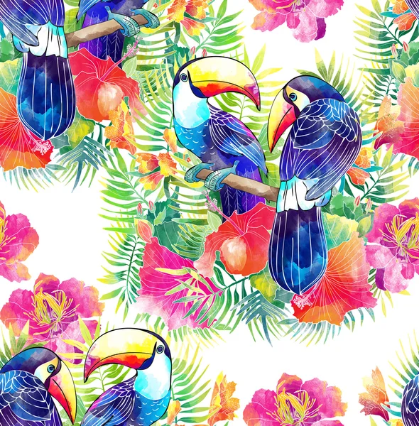 Kuşlar toucan ve tropik çiçekler — Stok fotoğraf