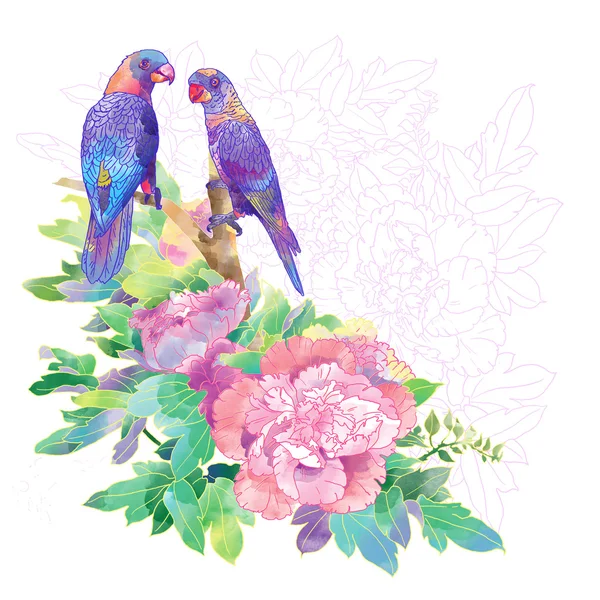 Parrots and exotic flowers — Stock Image Parrots and exotic flowers Stock Picture