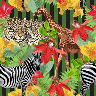 Leoparlar, zebra, zürafa ve çiçekler