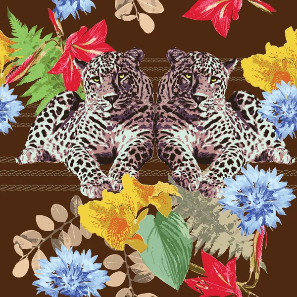 Leopardos y flores — Vector de stock