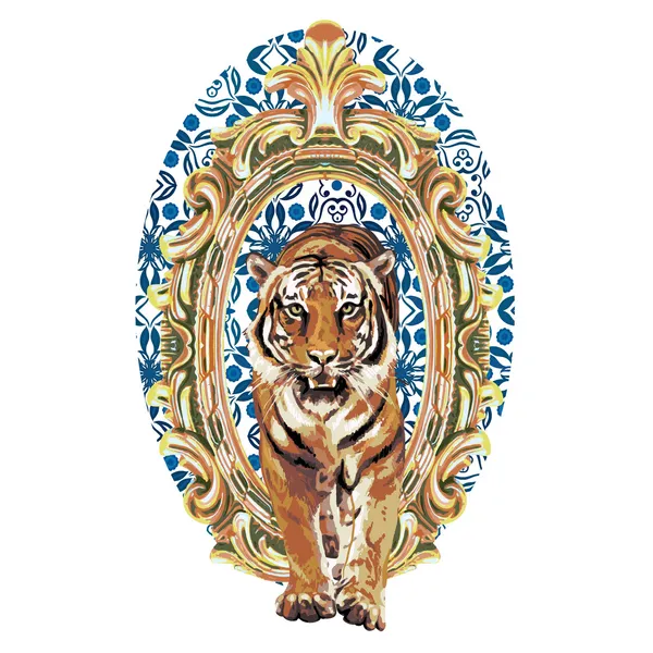 Tigre selvatica in cornice vintage — Vettoriale Stock