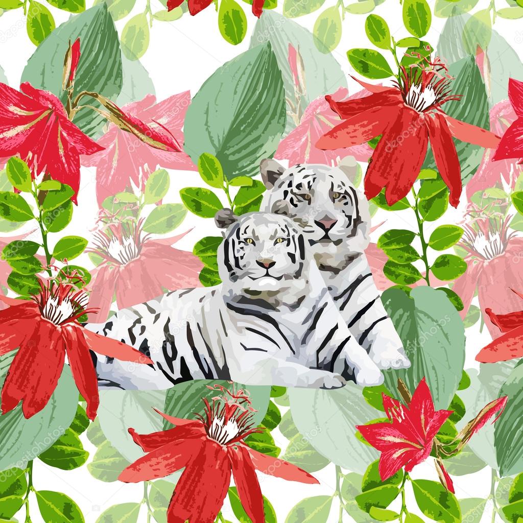 A pair white tigers and flowers