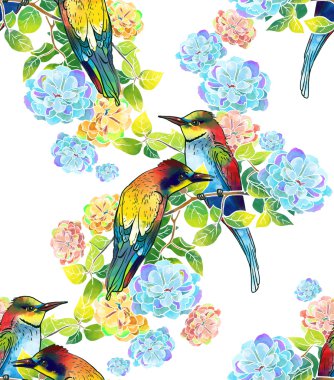 Sulu Boya güzel kuşlar ve narin çiçekler