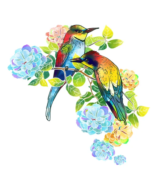 Watercolor beautiful birds and delicate flowers — Stock Photo, Image