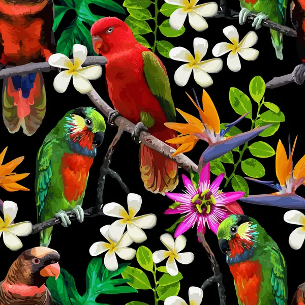 Aves exóticas y hermosas flores — Vector de stock