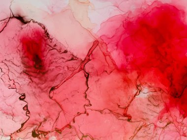 Alkol mürekkebinin arka plan dokusu kırmızı renkte. Damlaları ve lekeleri olan soyut ateş boyası.