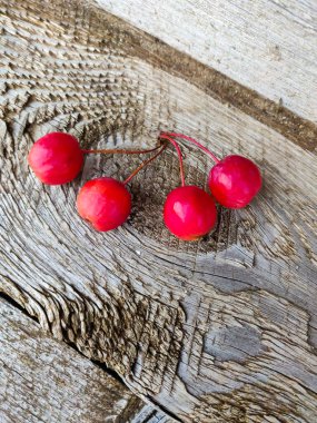 Kırsal ahşap arka planda kırmızı küçük sonbahar elmaları