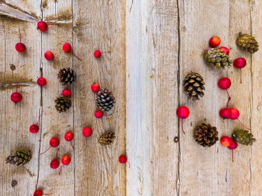 Kırsal ahşap arka planda kırmızı elmalar ve çam kozalakları.