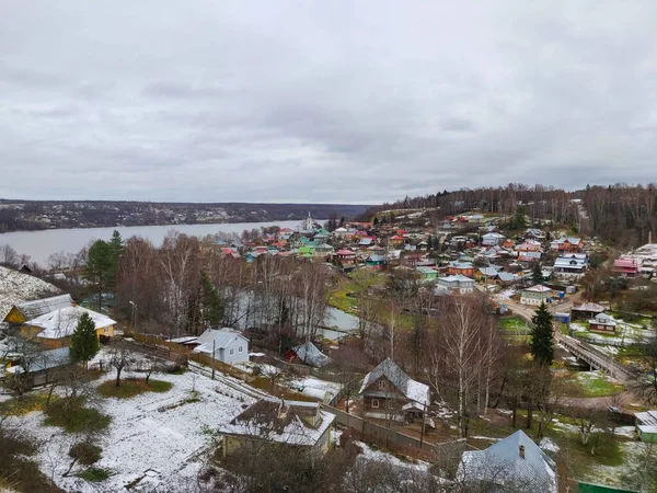 Lantlig Rysk Vinter Landskap Med Volga Floden Och Ples Byn — Stockfoto