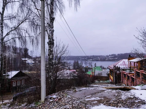 Сельский Русский Зимний Пейзаж Рекой Волгой Деревней Плес — стоковое фото