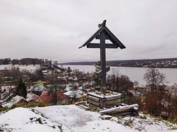 Lantlig Rysk Vinter Landskap Med Volga Floden Och Ples Byn — Stockfoto