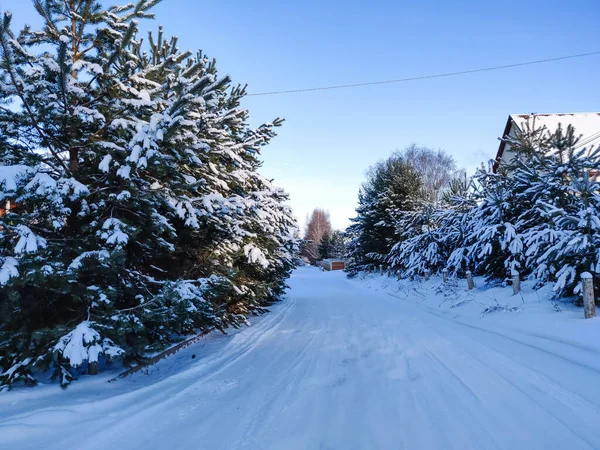 乡间崎岖的道路上下着雪 俄罗斯农村室外景观 — 图库照片