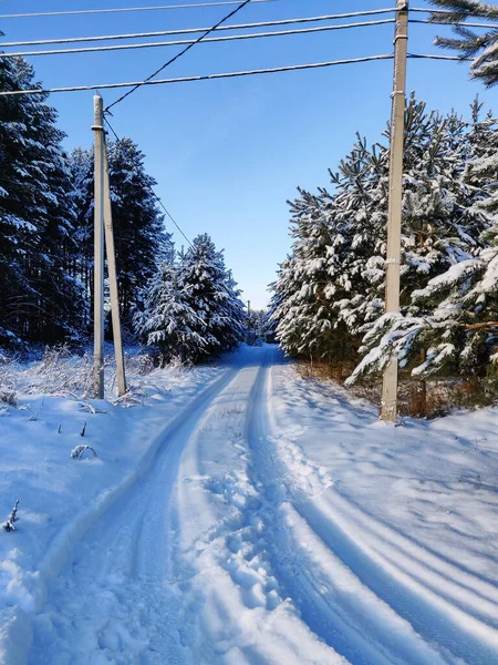 乡间崎岖的道路上下着雪 俄罗斯农村室外景观 — 图库照片
