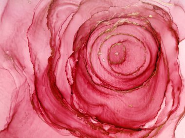 Alkol mürekkebinin arka plan dokusu kırmızı renkte. Damlaları ve lekeleri olan soyut ateş boyası.