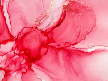 Alkol mürekkebinin arka plan dokusu kırmızı renkte. Damlaları ve lekeleri olan soyut ateş boyası.