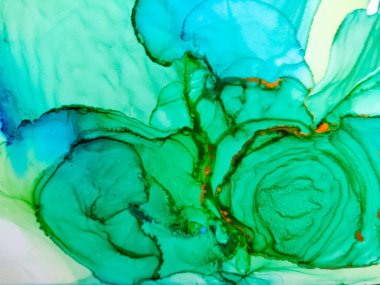 Alkol mürekkebinin arka plan dokusu mavi renkte. Damlaları ve lekeleri olan soyut boya.