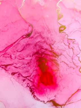 Alkol mürekkebinin arka plan dokusu kırmızı renkte. Damlaları ve lekeleri olan soyut ateş boyası.