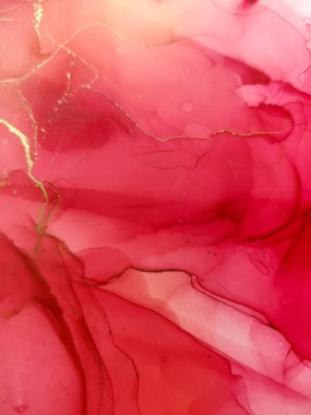 Alkol mürekkebinin arka plan dokusu kırmızı renkte. Damlaları ve lekeleri olan soyut ateş boyası.