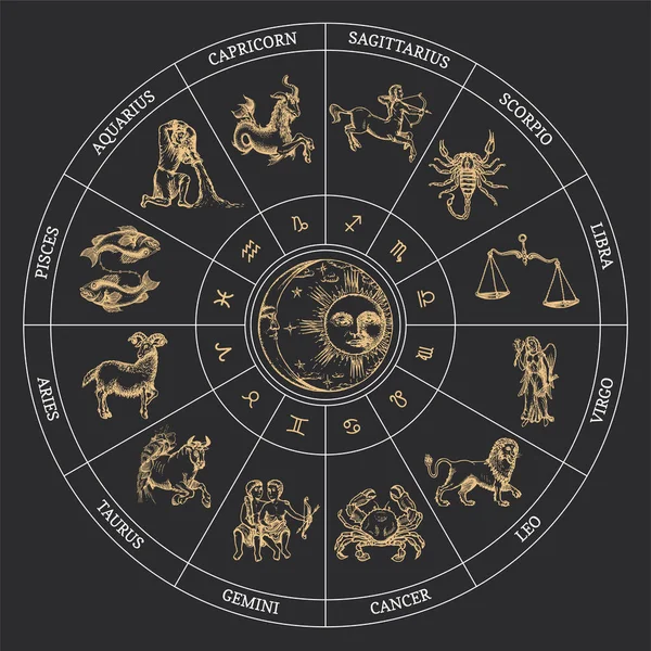 Rueda del Zodíaco con símbolos astrológicos en vector. — Vector de stock