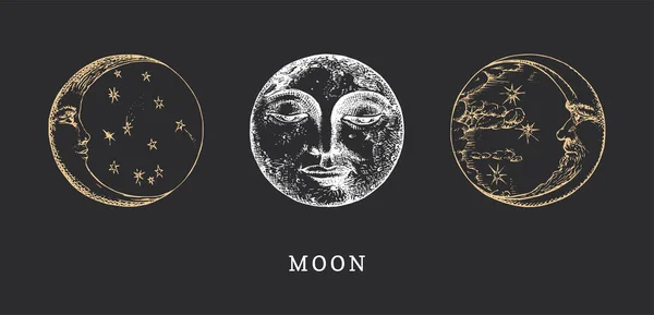 Moon, Crescents set, drawn illustrations in vector — Stock Vector