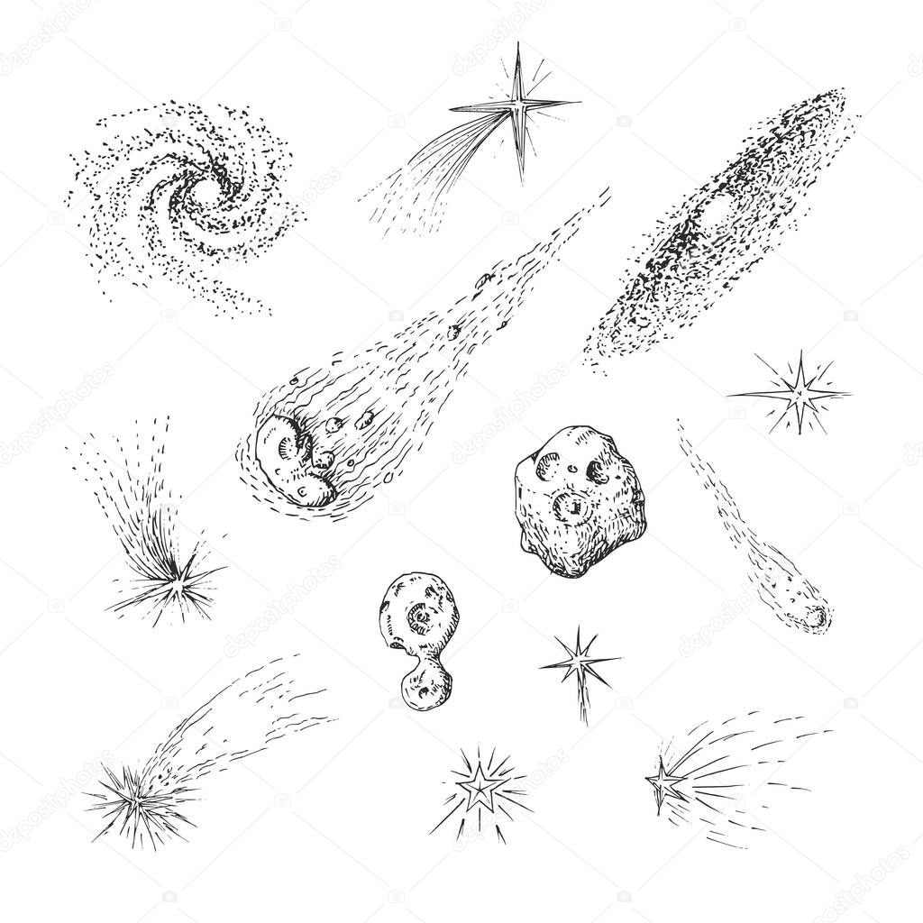 Space objects, vector illustrations. Meteors, comets and galaxies, collection of drawings. Drawn astronomical bodies.