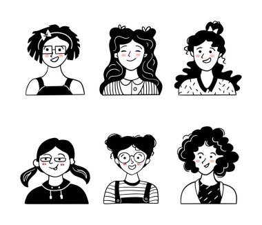 Şirin kızlar portreleri, kullanıcı simgeleri, düz tasarım.