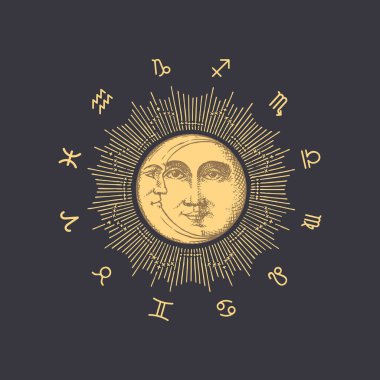Güneş, Hilal ve vektör çizimi ile Zodiac çemberi.