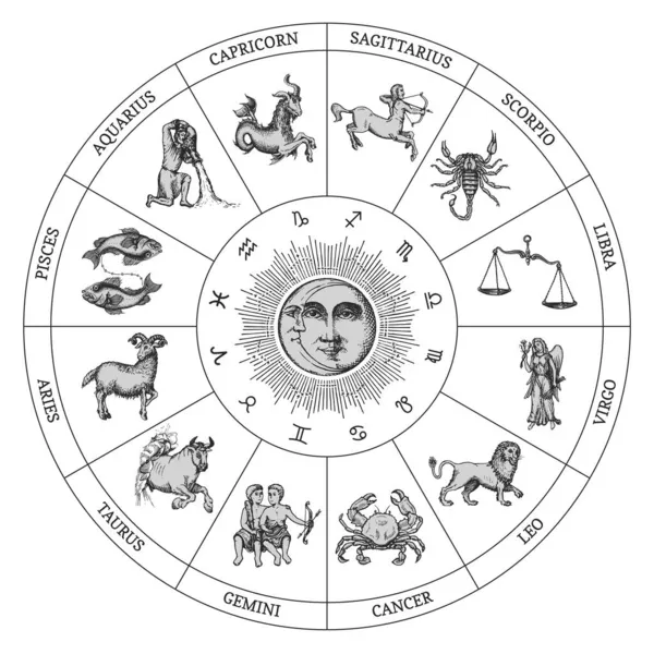Círculo do zodíaco com Sol e Lua, desenho vetorial. — Vetor de Stock