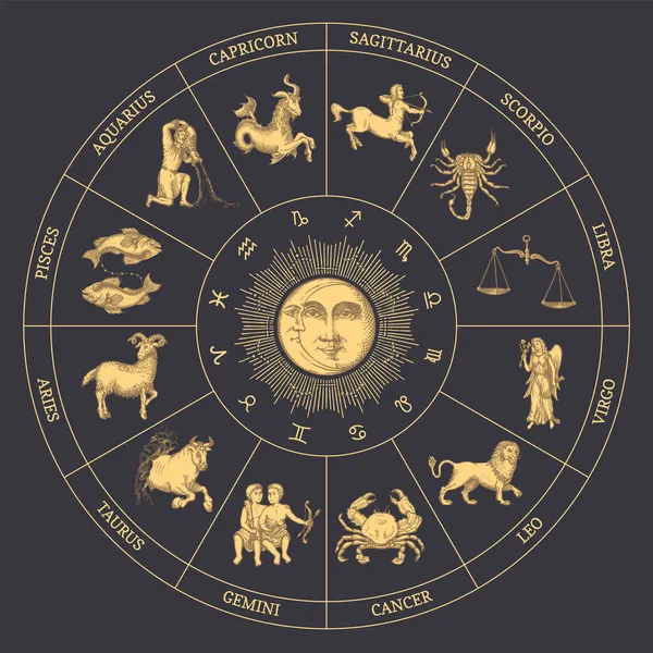Círculo zodíaco de signos de horóscopo e Sol, Crescente —  Vetores de Stock