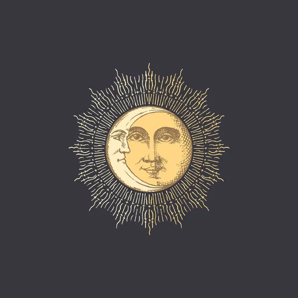 Slunce, Měsíc, vektorové kresby. Esoterické vinobraní — Stockový vektor