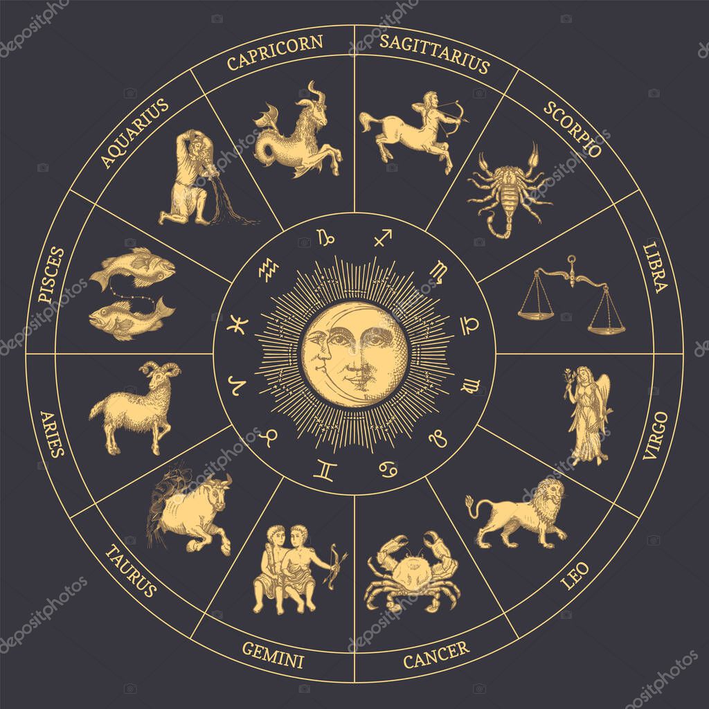 Zodiac circle of horoscope signs with Sun and Crescent, vector drawing in engraving style. Zodiac Wheel with astrological symbols on black background, hand drawn illustration.