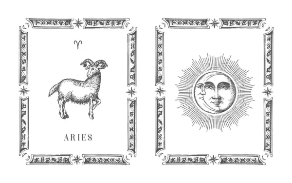Aries zvěrokruhový symbol v rámečku, tažená horoskopická karta — Stockový vektor