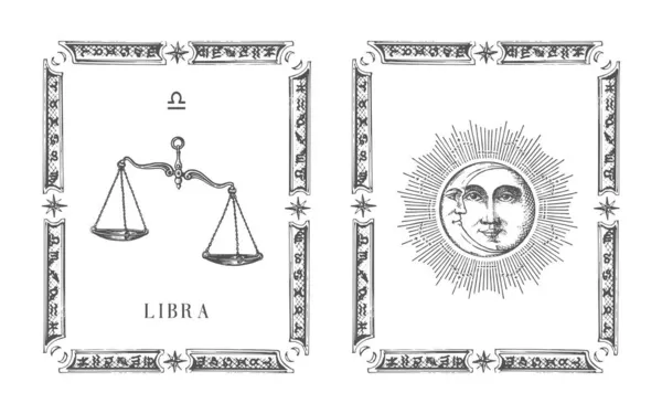 Libra símbolo del zodíaco en el marco, tarjeta de horóscopo dibujado — Archivo Imágenes Vectoriales