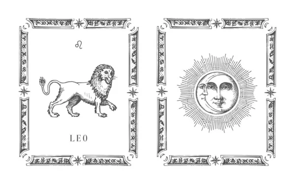 Symbol zodiaku Leo w ramce, wyciągnięta karta horoskopowa — Wektor stockowy
