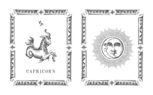 Símbolo do zodíaco do capricórnio no quadro, cartão do horóscopo. —  Vetores de Stock
