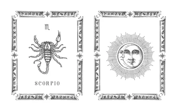 Scorpio zvěrokruhový symbol v rámu, horoskopická karta. — Stockový vektor