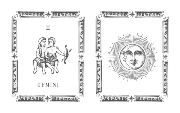 Símbolo do zodíaco de Gêmeos no quadro, cartão de horóscopo desenhado — Vetor de Stock