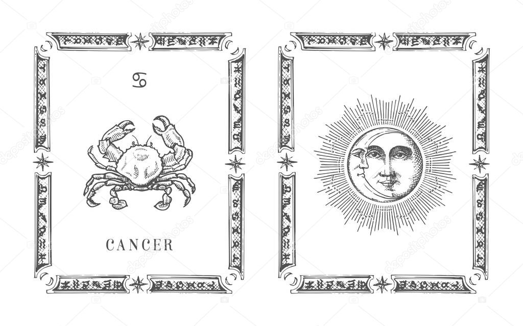 Cancer zodiac symbol in frame,drawn horoscope card