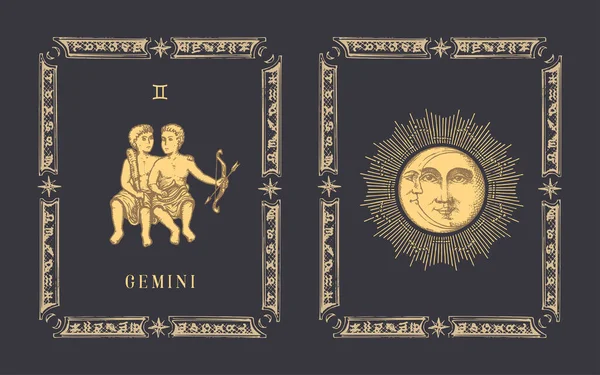 Símbolo do zodíaco de Gêmeos, cartão do horóscopo no vetor. — Vetor de Stock