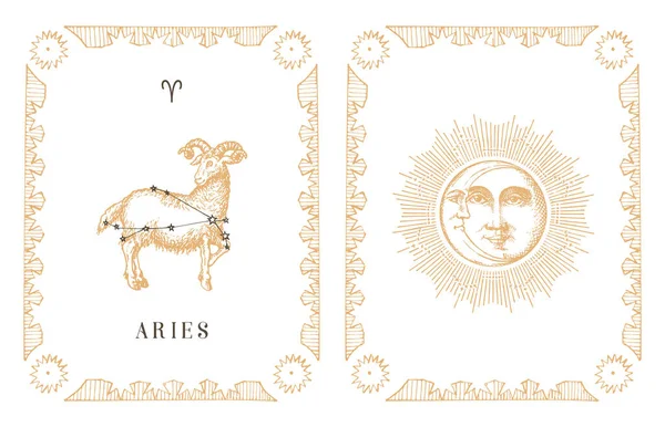 Aries símbolo del zodíaco y constelación, tarjeta antigua. — Vector de stock